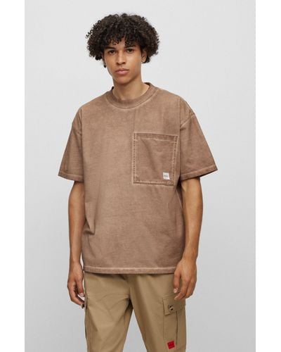 HUGO Cotton-jersey Oversize-fit T-shirt With Logo Patch - Brown