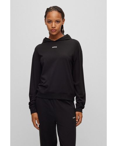 HUGO Relaxed-fit Hoodie With Contrast Logo And Ribbed Cuffs - Black
