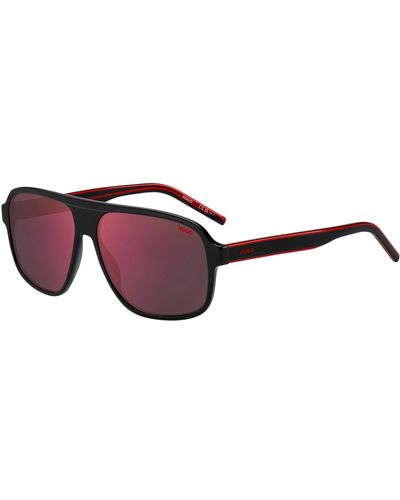 HUGO Gafas de sol de acetato negro con lentes de tono rojo - Marrón