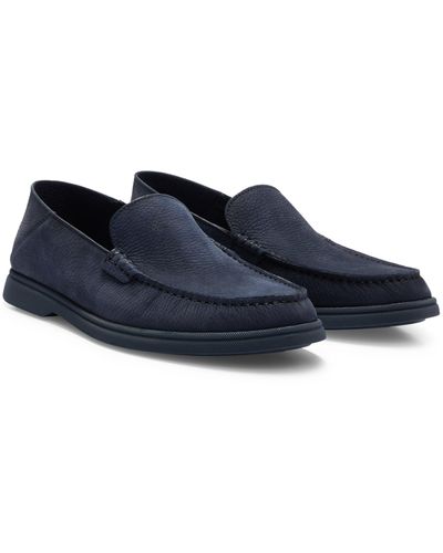 BOSS Nubuck Moccasins With Emed Logo And Apron Toe - Blue