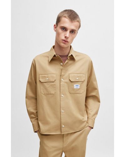 HUGO Cotton-twill Shirt With Logo Label - Natural