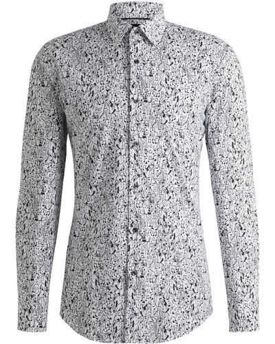BOSS Bedrucktes Slim-Fit Hemd aus elastischer Baumwoll-Popeline - Weiß