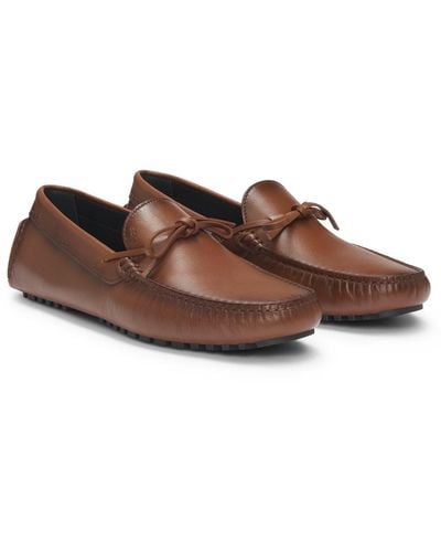 BOSS Leather Moccasins With Driver Sole And Logo - Brown