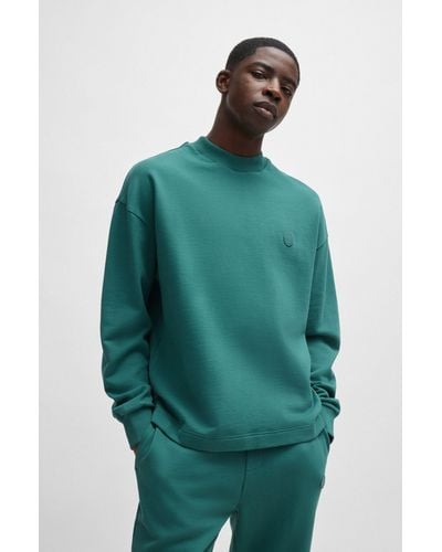 HUGO Cotton-terry Sweatshirt With Smiley-face Logo Patch - Green