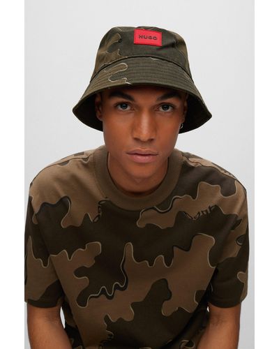 HUGO Camouflage-print Bucket Hat With Red Logo Label - Green