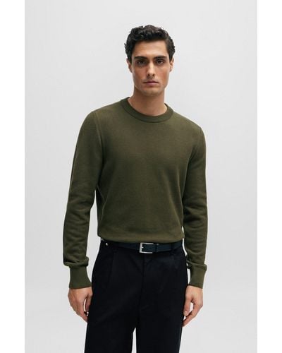 BOSS Micro-structured Crew-neck Sweater In Cotton - Green