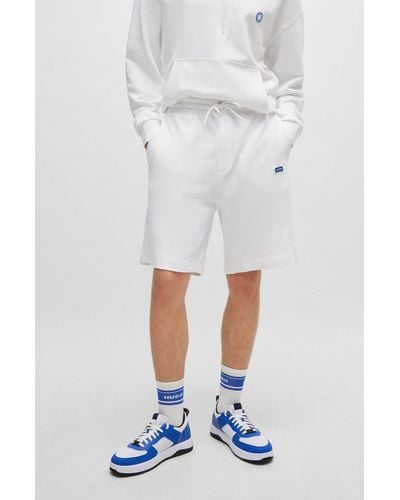 HUGO Cotton-terry Shorts With Blue Logo Patch - White