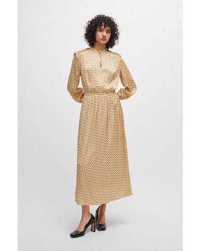 BOSS Silk-blend Dress With Monogram Print - Natural