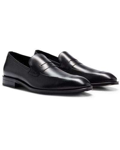 BOSS Italian Leather Loafers With Apron Toe And Branded Trim - Black
