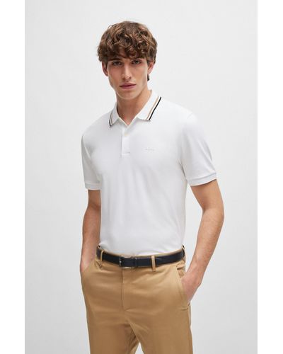 BOSS Boss - Penrose 38 Slim-fit Cotton Polo Shirt With Striped Collar Detail 50469360 100 - White