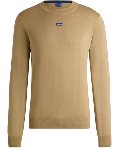 HUGO Strickpullover aus Baumwolle mit blauem Logo-Label - Braun