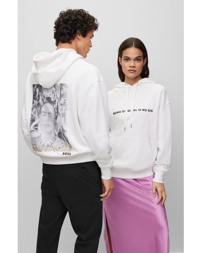 BOSS Relaxed-fit Cotton-terry Hoodie With Frida Kahlo Graphic - White