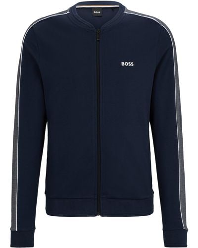 BOSS Jacke aus Baumwoll-Mix mit Reißverschluss und Logo-Stickerei - Blau