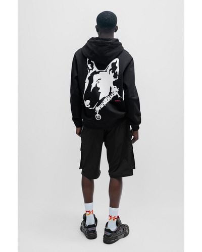 HUGO Relaxed-fit Hoodie In French Terry With Dog Artwork - Black