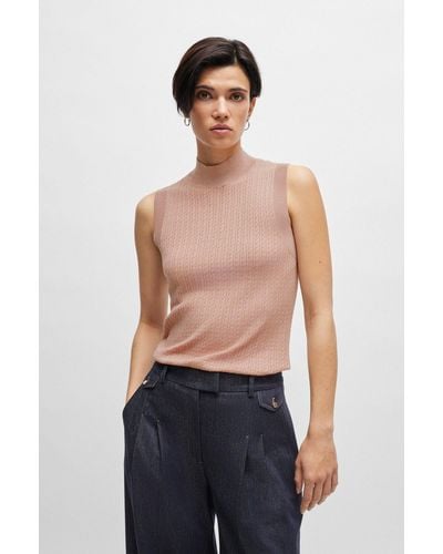 BOSS Cable-knit Sleeveless Top In Silk And Cotton - Blue