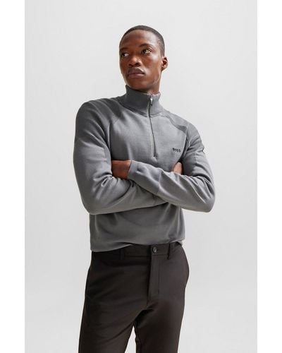 BOSS Cotton-blend Zip-neck Jumper With Logo Detail - Grey