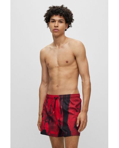 HUGO Quick-drying Swim Shorts With Graphic Print - Red
