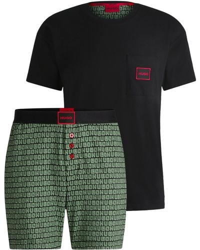 HUGO Kurzer Pyjama aus Stretch-Baumwolle mit Logo-Details - Grün