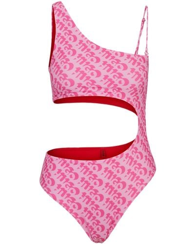 HUGO Logo-print Swimsuit With Cut-out Detail - Pink