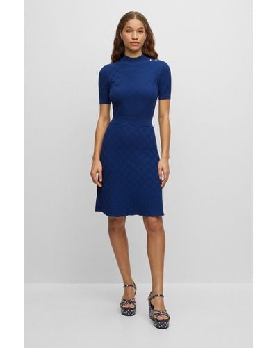 BOSS Short-sleeved Dress With Knitted Structure - Blue