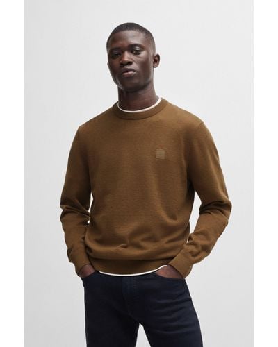 BOSS Crew-neck Jumper In Cotton And Cashmere With Logo - Brown