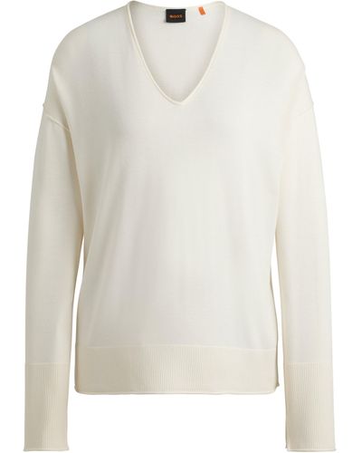 BOSS Regular-Fit Pullover mit V-Ausschnitt - Weiß