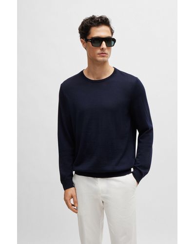 BOSS Slim-fit Sweater In Virgin Wool With Crew Neckline - Blue
