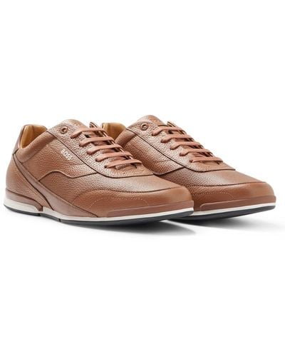 BOSS Low-top Trainers In Perforated And Grained Leather - Brown
