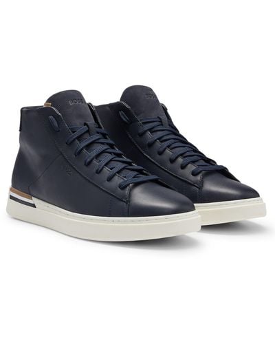 BOSS Leather High-top Trainers With Signature-stripe Sole - Blue