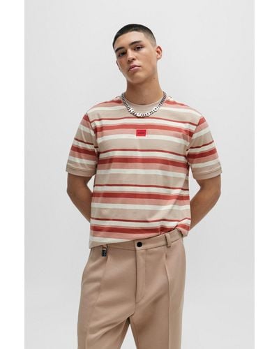 HUGO Striped T-shirt In Cotton Jersey With Logo Label - Multicolour