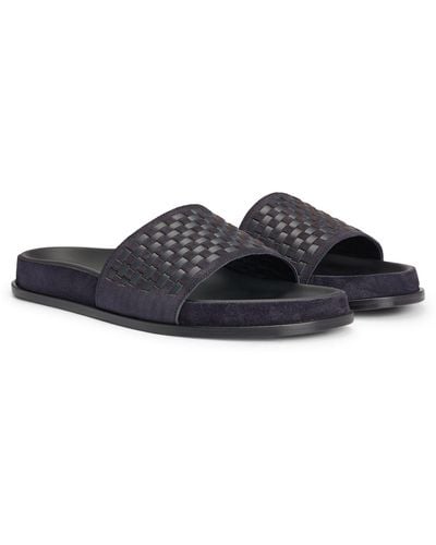 BOSS by HUGO BOSS Mixed-leather Slides With Woven Upper Strap - Black