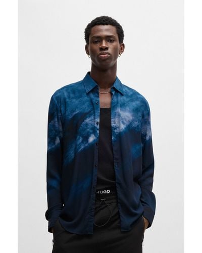 HUGO Slim-fit Shirt In Abstract-print Poplin - Blue