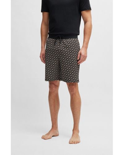 BOSS Interlock-cotton Pajama Shorts With Monogram Pattern - Black