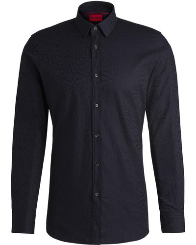 HUGO Extra-slim-fit Shirt In Animal-pattern Cotton Jacquard - Blue