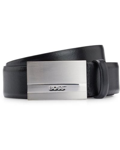 BOSS Italian-leather Belt With Logo-plaque Buckle - Grey