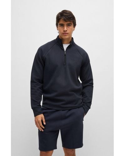 BOSS Stretch-cotton Zip-neck Sweatshirt With Emed Artwork - Blue
