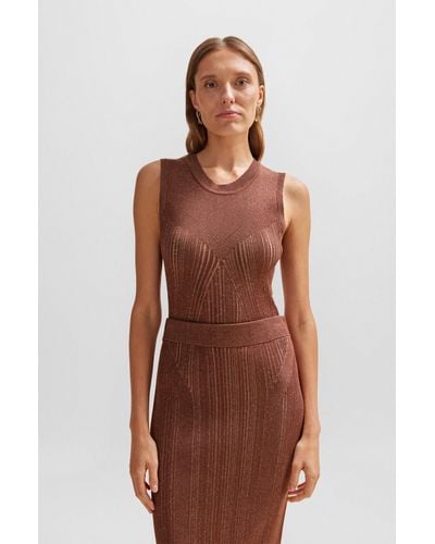 BOSS Sleeveless Knitted Top With Ribbed Structure - Brown