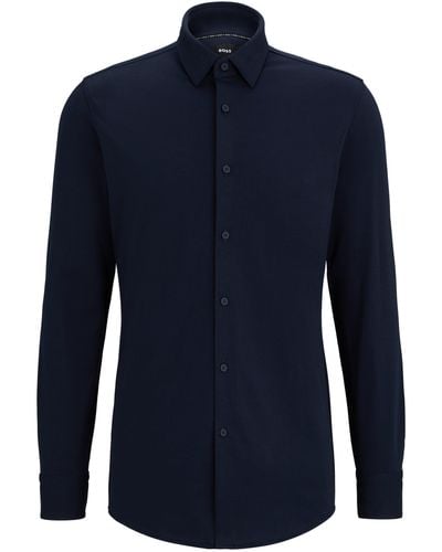 BOSS Slim-Fit Hemd aus Baumwoll-Jersey mit Performance-Stretch - Blau