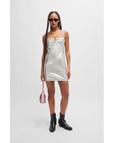 HUGO Mini-robe en similicuir métallisé à encolure fendue - Blanc