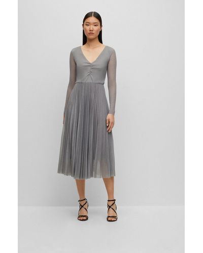 BOSS Long-sleeved Dress In Pliss Tulle With Seasonal Print - Gray