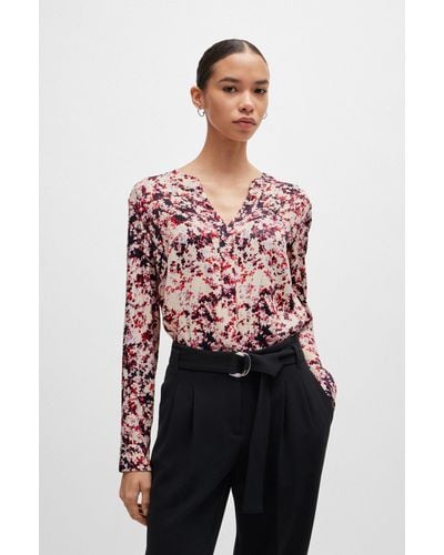 BOSS Floral-print Blouse In Satin With Notch Neckline - Red