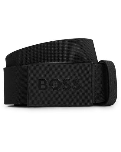 BOSS Italian-leather Belt With Textured Plaque Buckle - Black