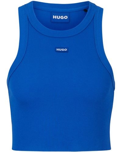 HUGO Crop-Tanktop aus Stretch-Baumwolle mit blauem Logo-Label