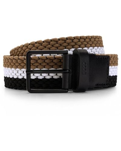 BOSS Woven Belt With Leather Trims And Contrasting Color Detail - Black