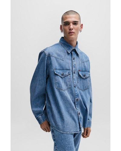 HUGO Oversized-fit Denim Shirt With Flap Chest Pockets - Blue
