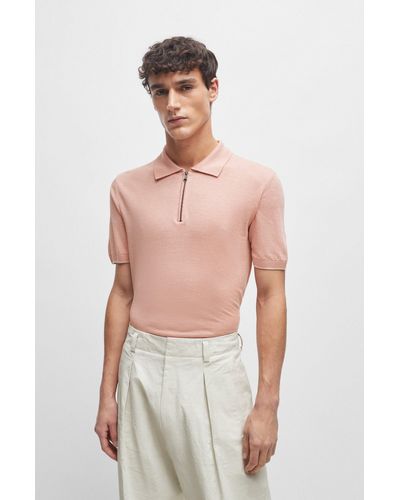 BOSS Zip-neck Polo Sweater In A Linen Blend - Pink