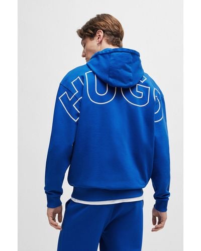 HUGO Cotton-terry Hoodie With Outline Logos - Blue