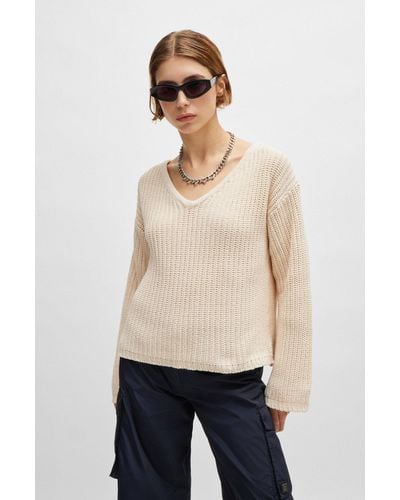 HUGO Oversized-fit Long-sleeved Sweater With V Neckline - Natural