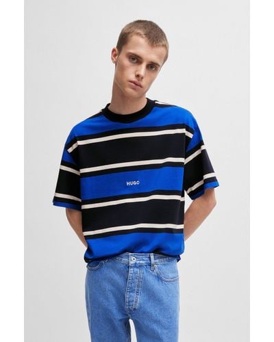 HUGO Striped T-shirt In Cotton Jersey With Embroidered Logo - Blue