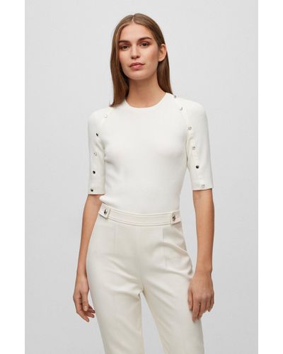 BOSS Short-sleeved Sweater In Stretch Fabric With Hardware Details - White